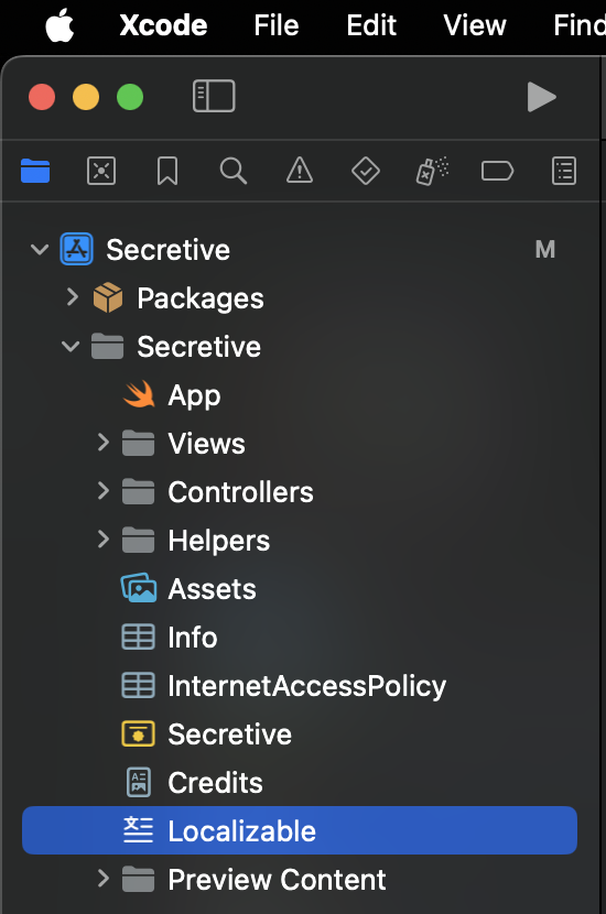 Screenshot of Xcode navigating to the Localizable file
