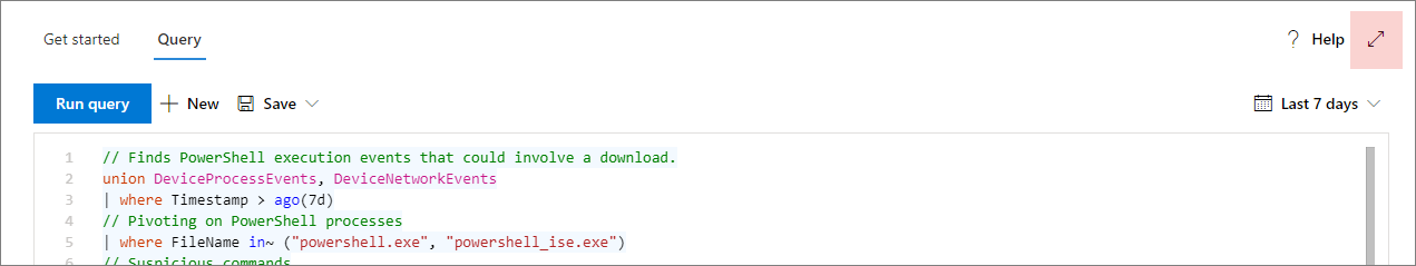 Image of the Expand control in the advanced hunting query editor