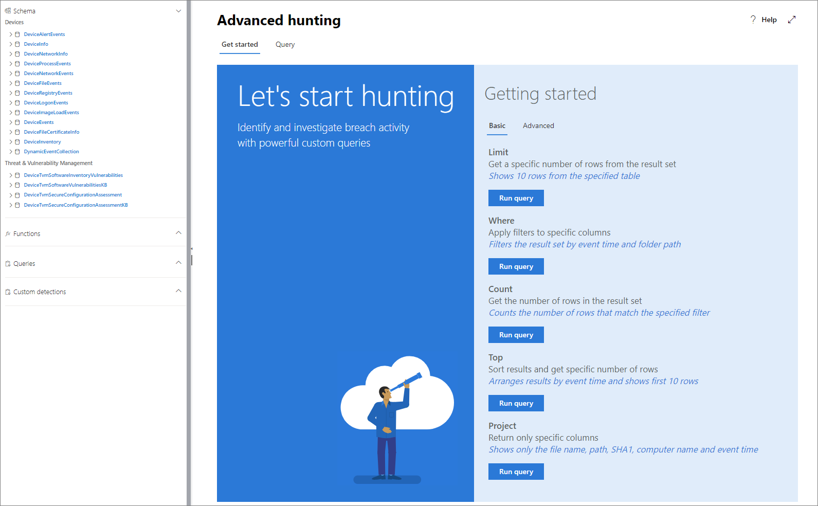 Image of the advanced hunting get started tab