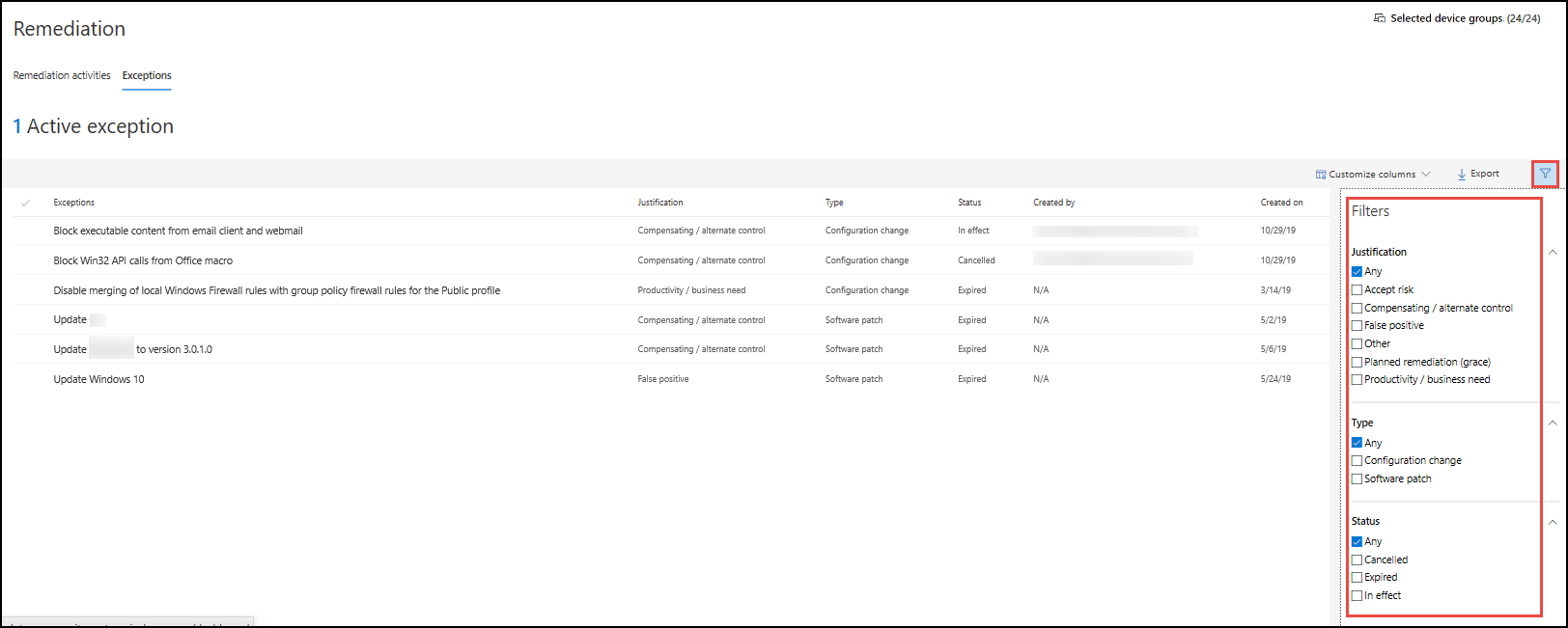 Example of the exception page and filter options.