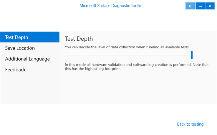 Screen that displays Test Depth slider to select depth of data collection