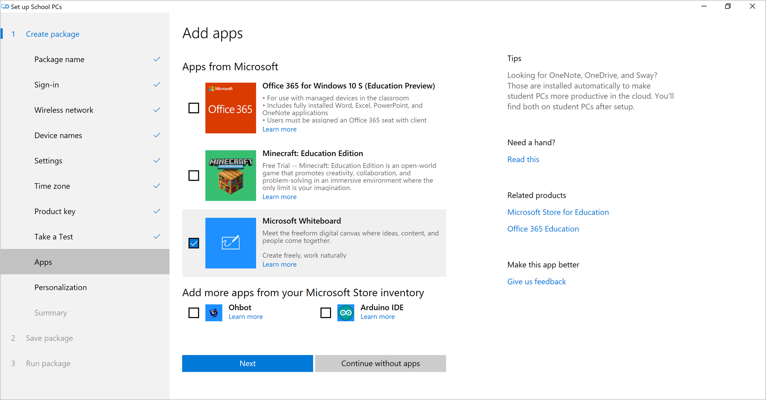 Example screenshots of the Add apps screen with selection of recommended apps and school inventory apps.
