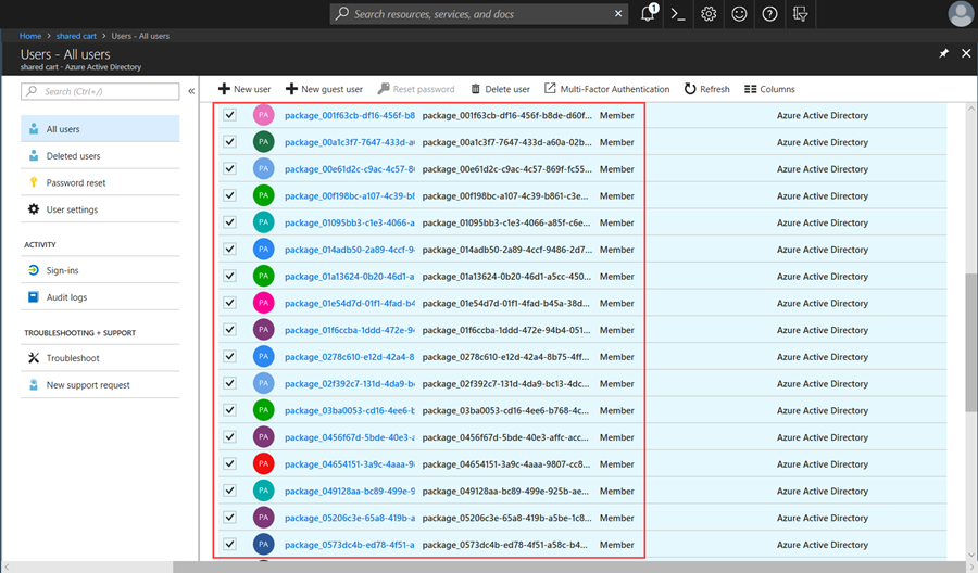Screenshot of the Azure portal, Azure Active Directory, All Users page. Highlights all accounts that start with the prefix package_ and can be deleted.