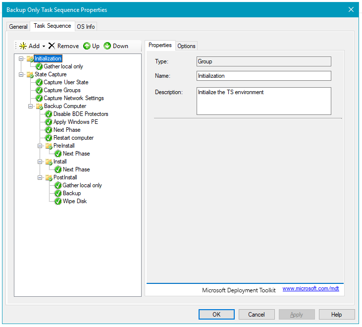 The Backup Only Task Sequence action list