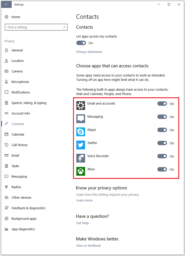 Choose apps with access to contacts