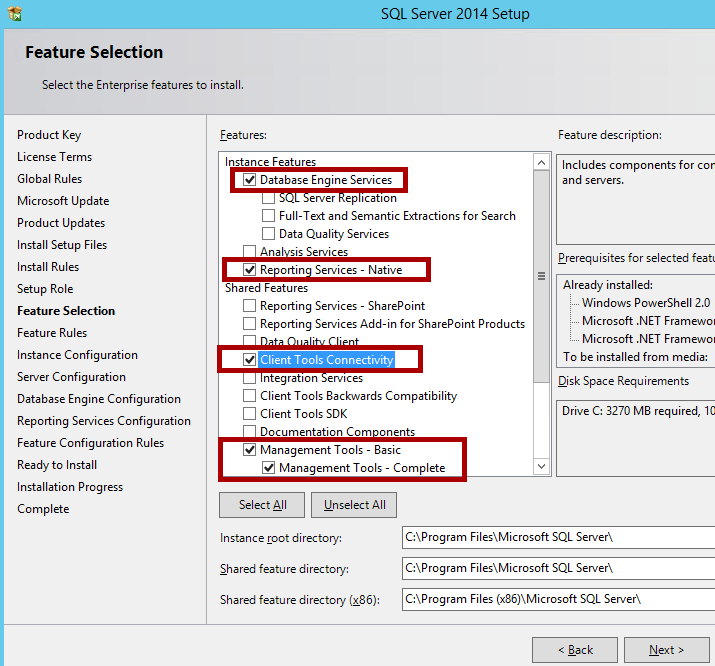 The required SQL Server features