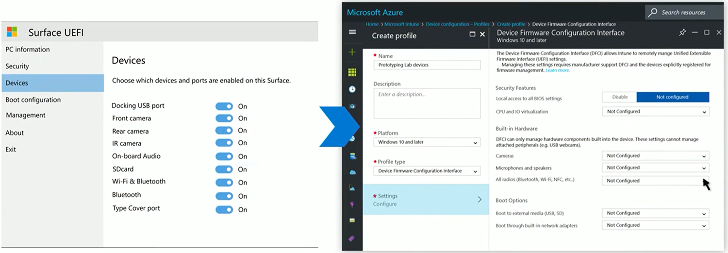 UEFI settings shown on device (left) and in the Endpoint Manager console (right) 