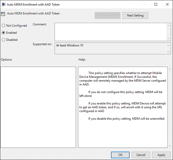 MDM autoenrollment policy
