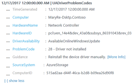 "Driver issue" blade showing detailed information after selecting a specific driver error