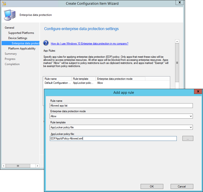 Create Configuration Item wizard, add an AppLocker policy