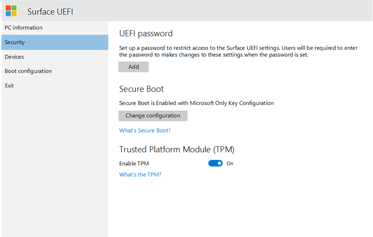 Configure Surface UEFI security settings