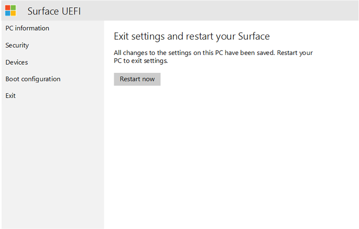 Exit Surface UEFI and restart the device
