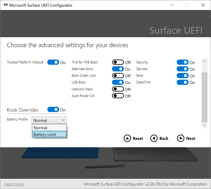 Control advanced Surface UEFI settings and Surface UEFI pages