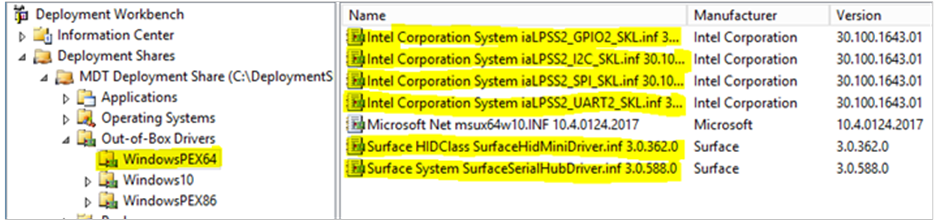 Image that shows the newly imported drivers in the WindowsPEX64 folder of the Deployment Workbench