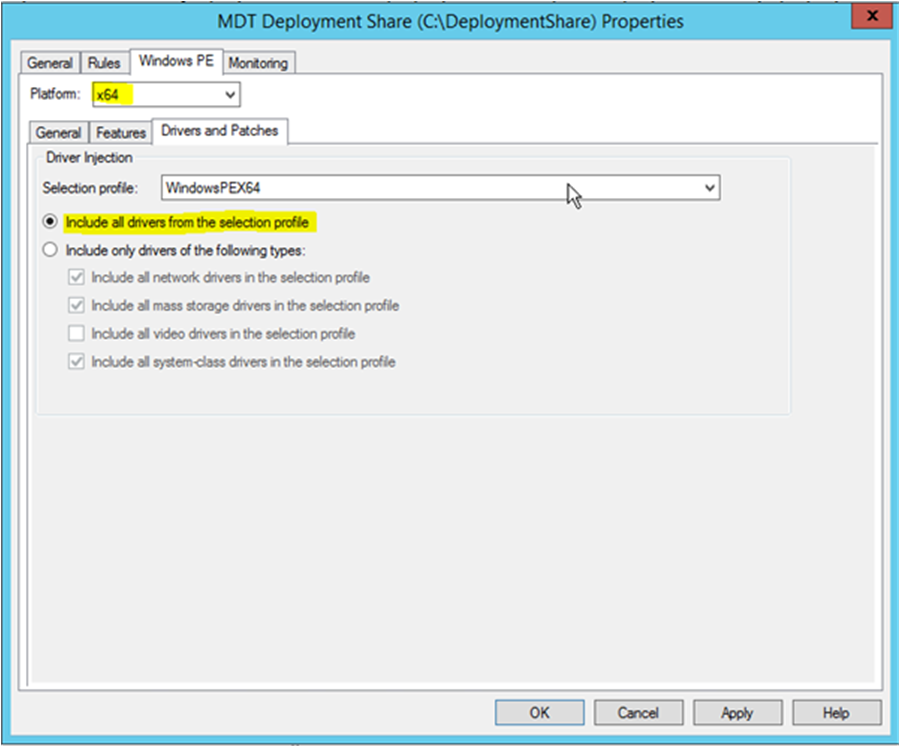 Image that shows the Windows PE properties of the MDT Deployment Share