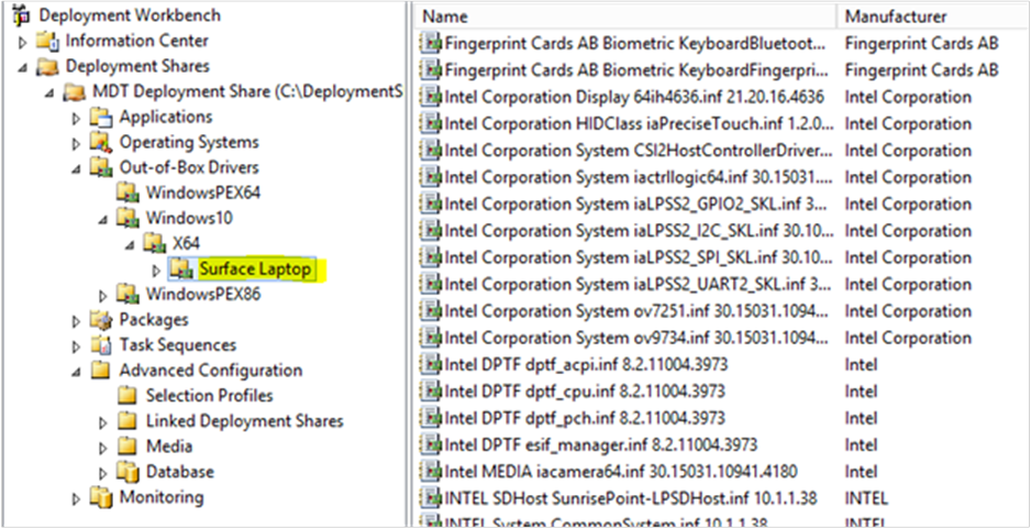 Image that shows the regular Surface Laptop (1st Gen) drivers in the Surface Laptop folder of the Deployment Workbench