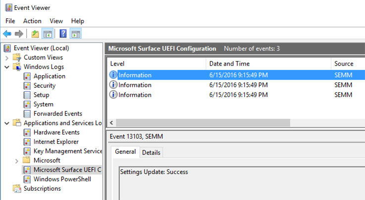 Verify enrollment of Surface device in SEMM in Event Viewer