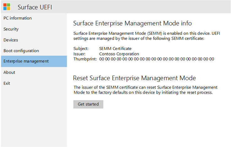 Surface UEFI Enterprise management page