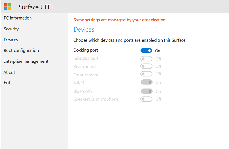 Settings managed by SEMM disabled in Surface UEFI