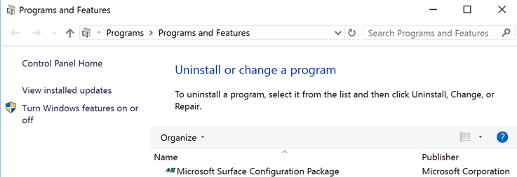 Verify enrollment of Surface device in SEMM in Programs and Features
