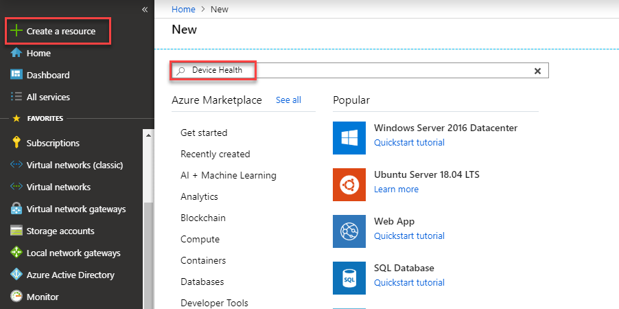 Add WA solutions with "create a resource"