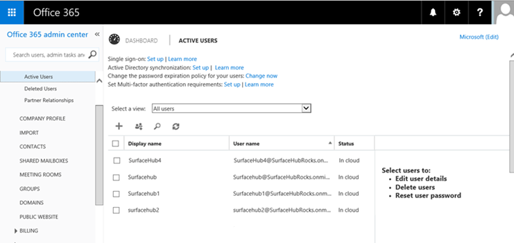 office 365 admin center dashboard shwoing active users.