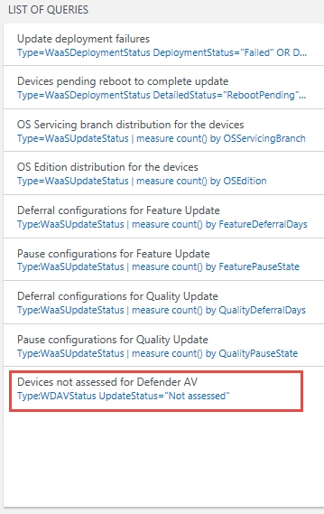 Overview blade showing a summary of key Windows Defender Antivirus issues