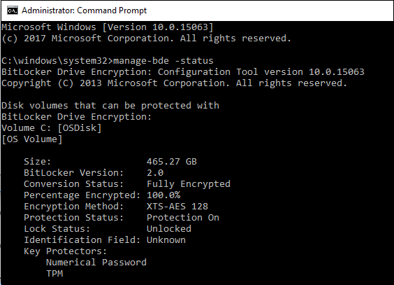 Using manage-bde to check encryption status.