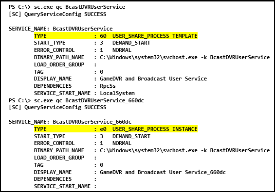 Use sc.exe to view service type