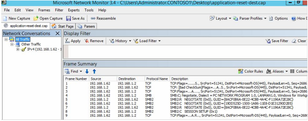 Screenshot of packets on destination side in Network Monitor