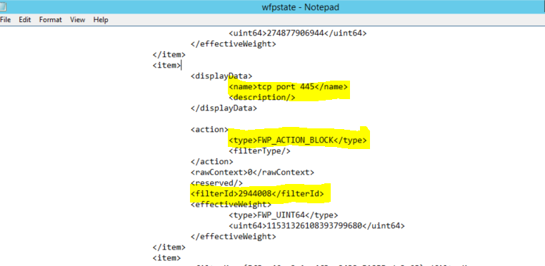 Screenshot of wfpstate.xml file
