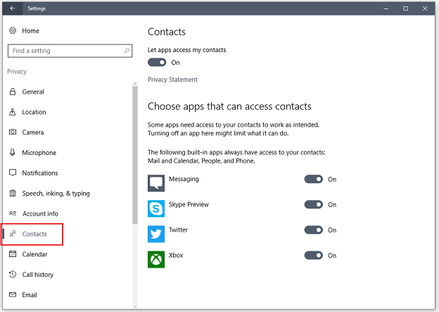 Contacts privacy settings