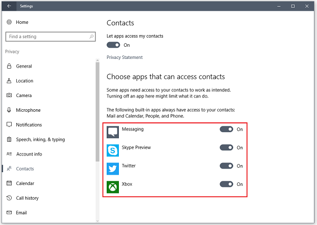 Choose apps with access to contacts