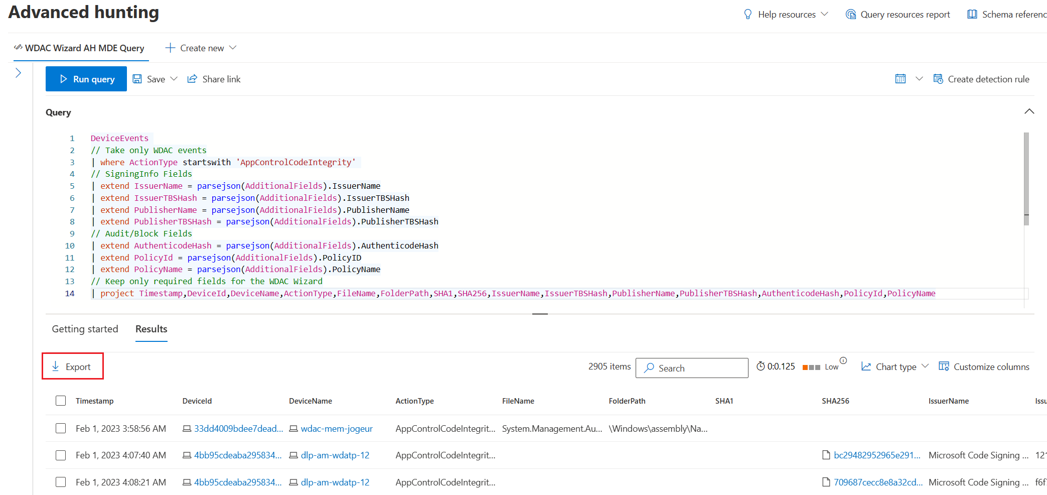 Export the MDE Advanced Hunting results to CSV