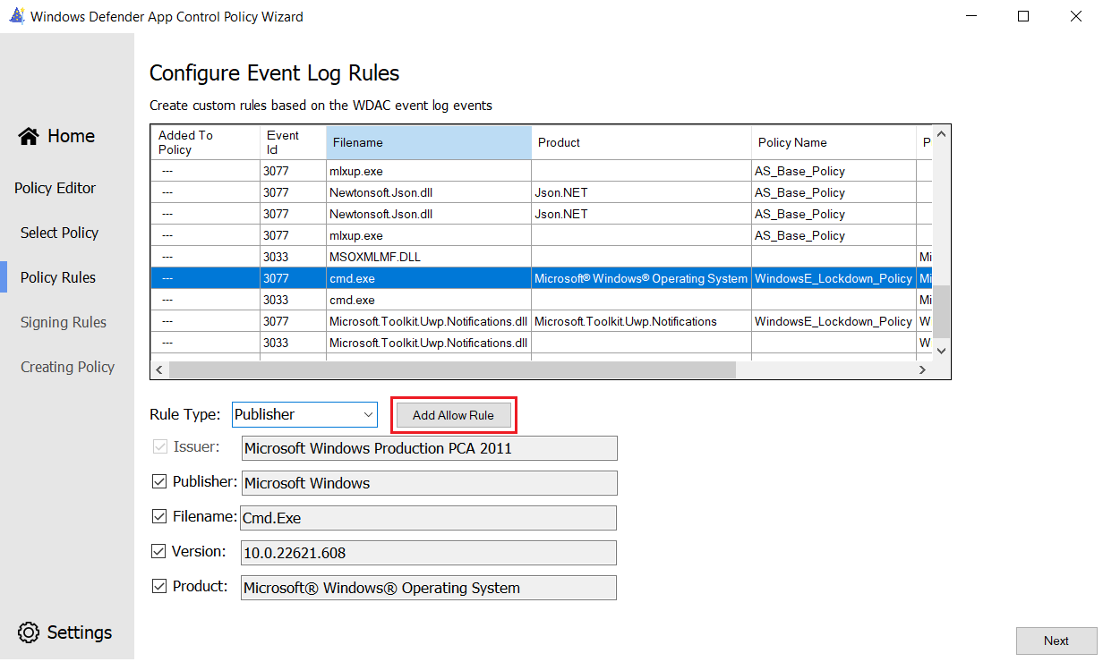 Adding a publisher rule to the WDAC policy