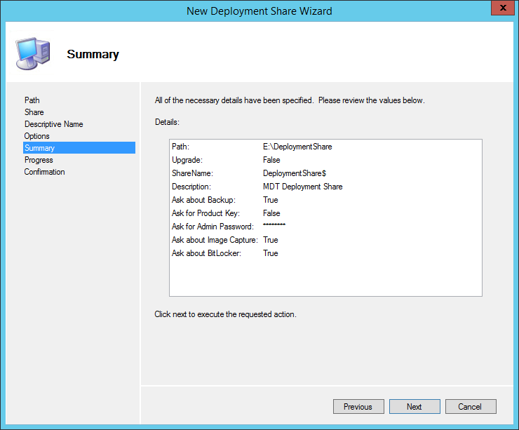 Summary page of the New Deployment Share Wizard