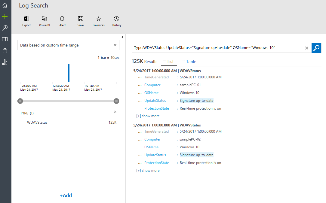 Sample Windows Defender AV query in Update Compliance