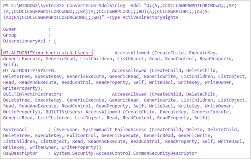 Output of the ConvertFrom-SddlString command, showing NT AUTHORITY\Authenticated Users.