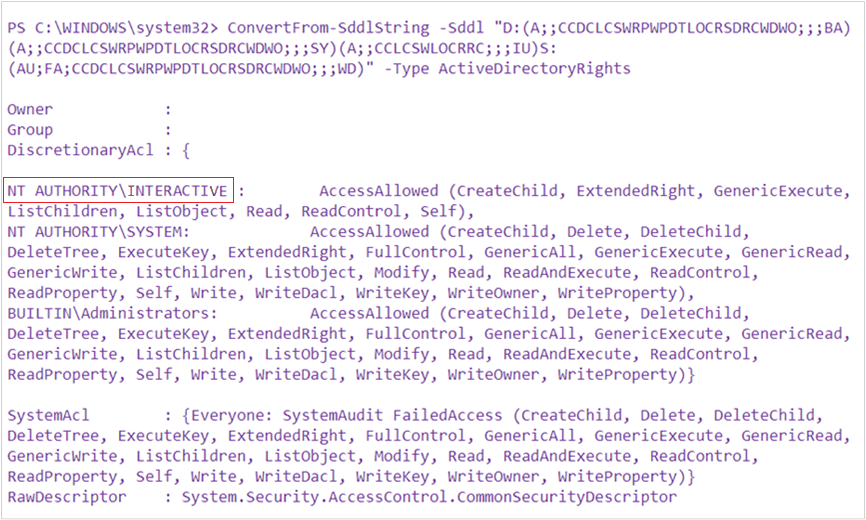 Output of the ConvertFrom-SddlString command, showing NT AUTHORITY\INTERACTIVE.