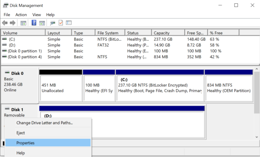 In Disk Management, right-click the device and click Properties.