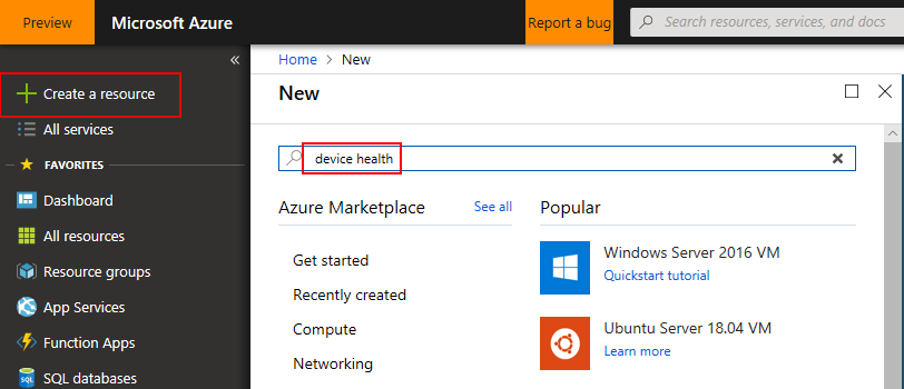 Add WA solutions with "create a resource"