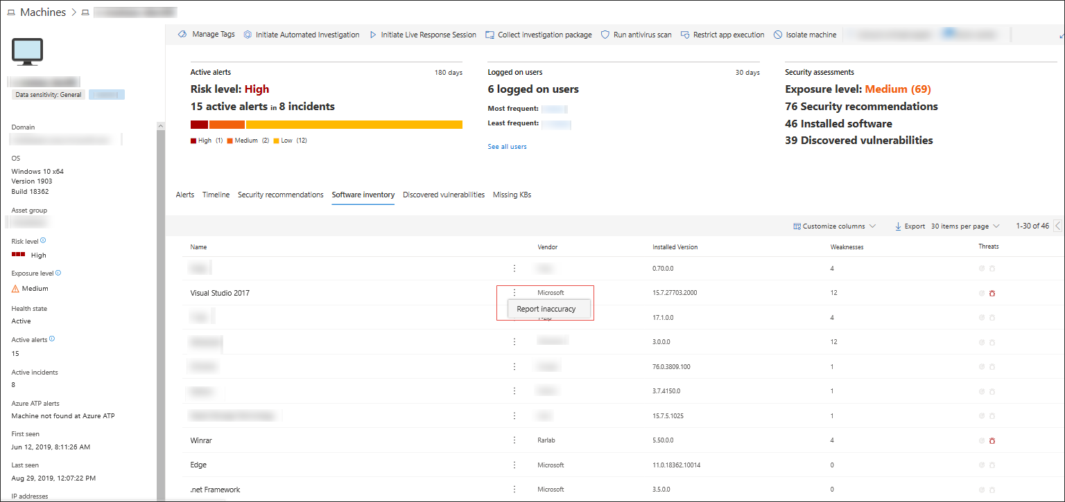 Screenshot of Report inaccuracy control from the machine page under the Software inventory column