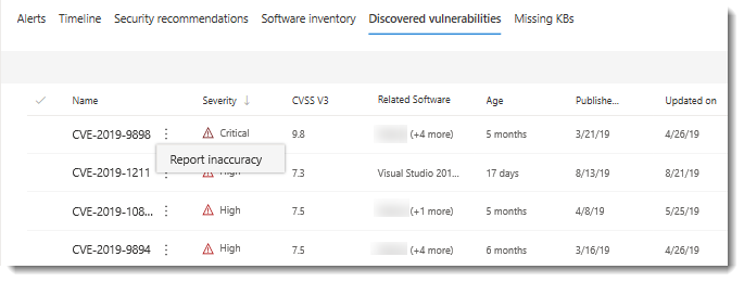Screenshot of Report inaccuracy control from the machine page in the Discovered vulnerabilities tab