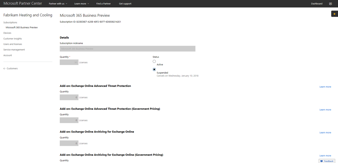 Suspend the Microsoft 365 Business Preview subscription
