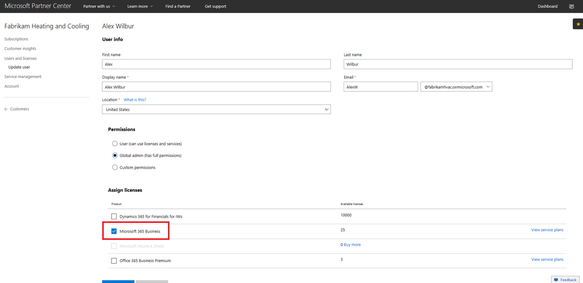 Confirm the Microsoft 365 Business license is assigned to the user