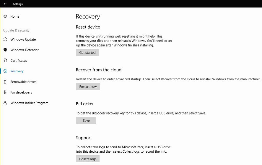 Image showing Reset device option in Settings app for Surface Hub.