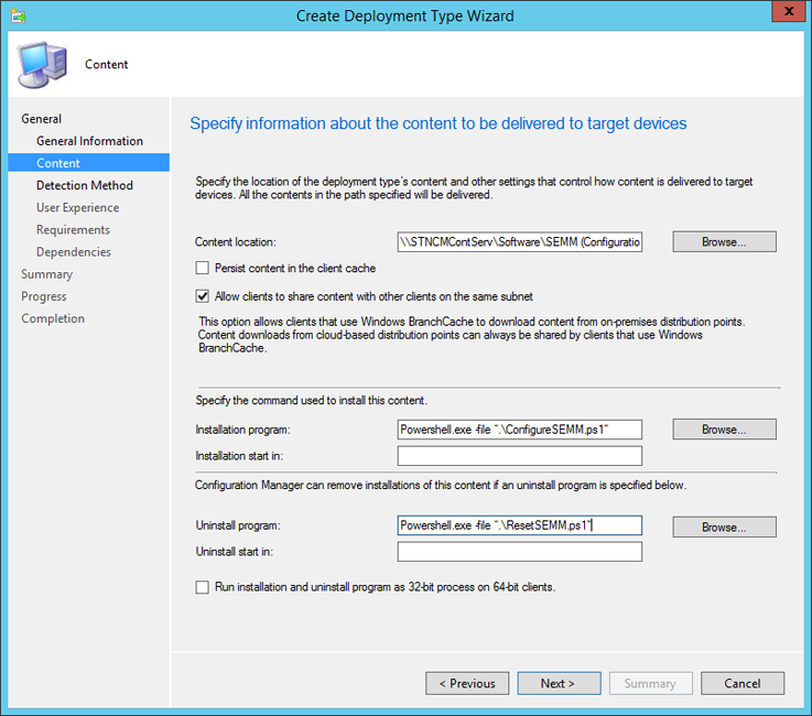 Set the SEMM Configuration Manager scripts as the install and uninstall commands