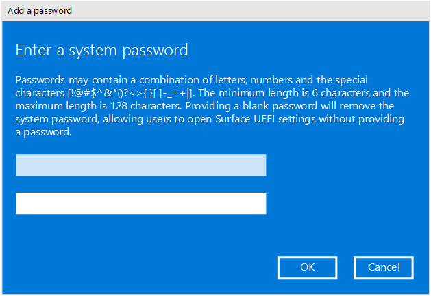 Add a password to protect Surface UEFI settings