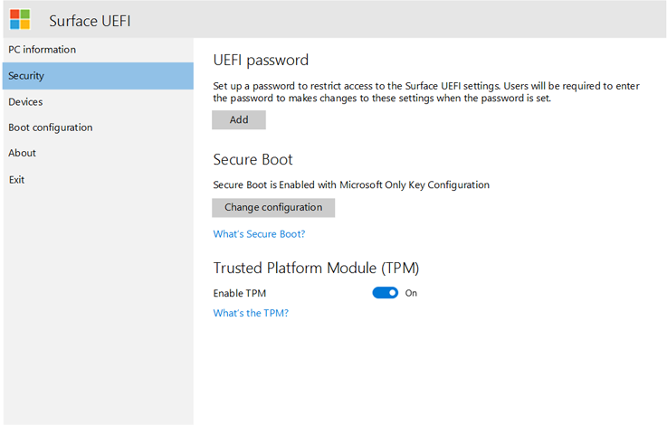 Configure Surface UEFI security settings