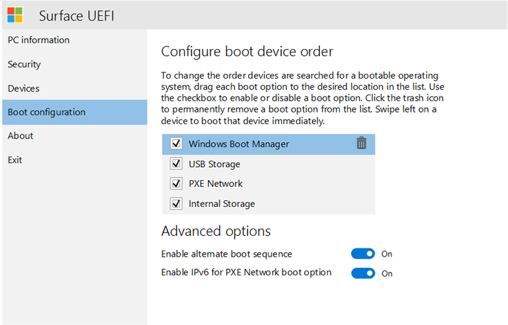 Configure the boot order for your Surface device